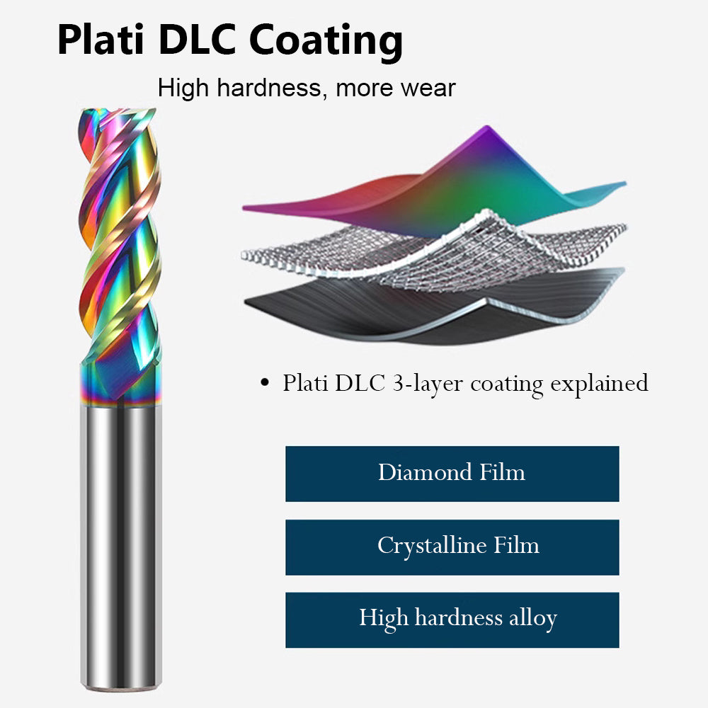With Plati DLC colored coating, the milling cutter has higher hardness, better wear resistance, and reduces chip sticking.